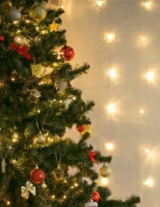 albero di natale con decorazioni natalizie all'interno di un appartamento